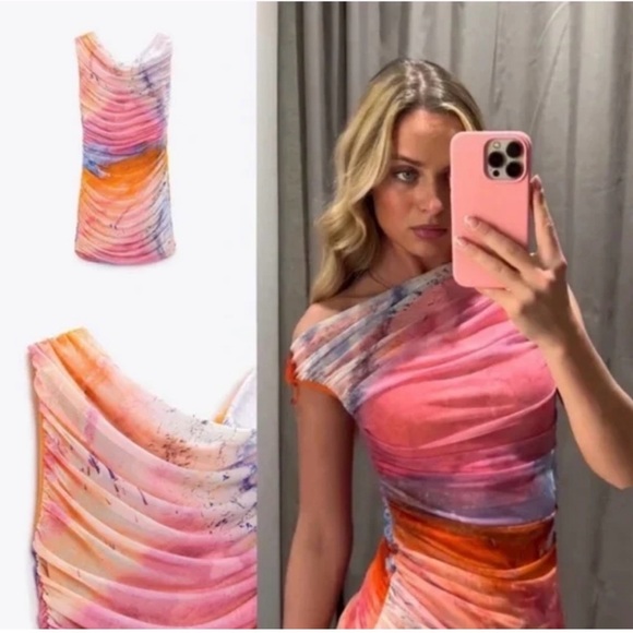 Zara dress mini drapped tulle bleach effect summer party night out - Picture 3 of 9